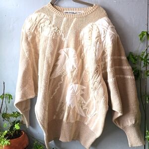 Vintage Bonnie BOERER 80s Neutral PATCHWORK Oversize Sweater Sz Large